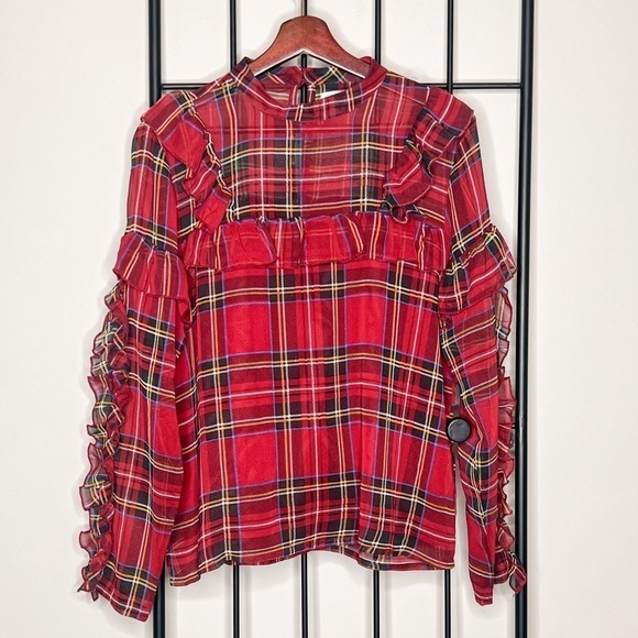 Mud Pie Tops - Mudpie Tartan Plaid Sheer Ruffle Chiffon Blouse Sz M